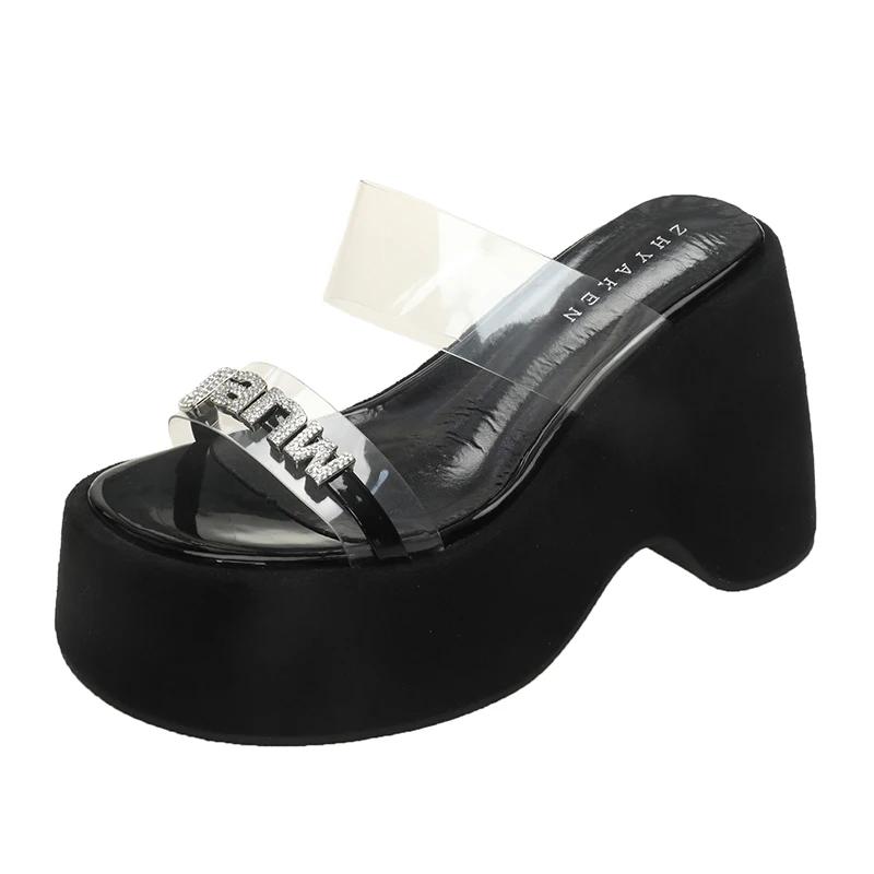 11CM Women Summer Wedge Sandals Transparent Bling Crystal Chunky Platform Slippers Shoes Woman Ultra-high Thick Bottom Sandalias