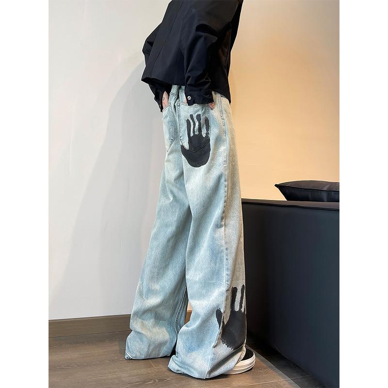 

JYL Men s Flare Jeans Vintage Palm Printed American High-Street Slim Floor-Length Denim 3XL