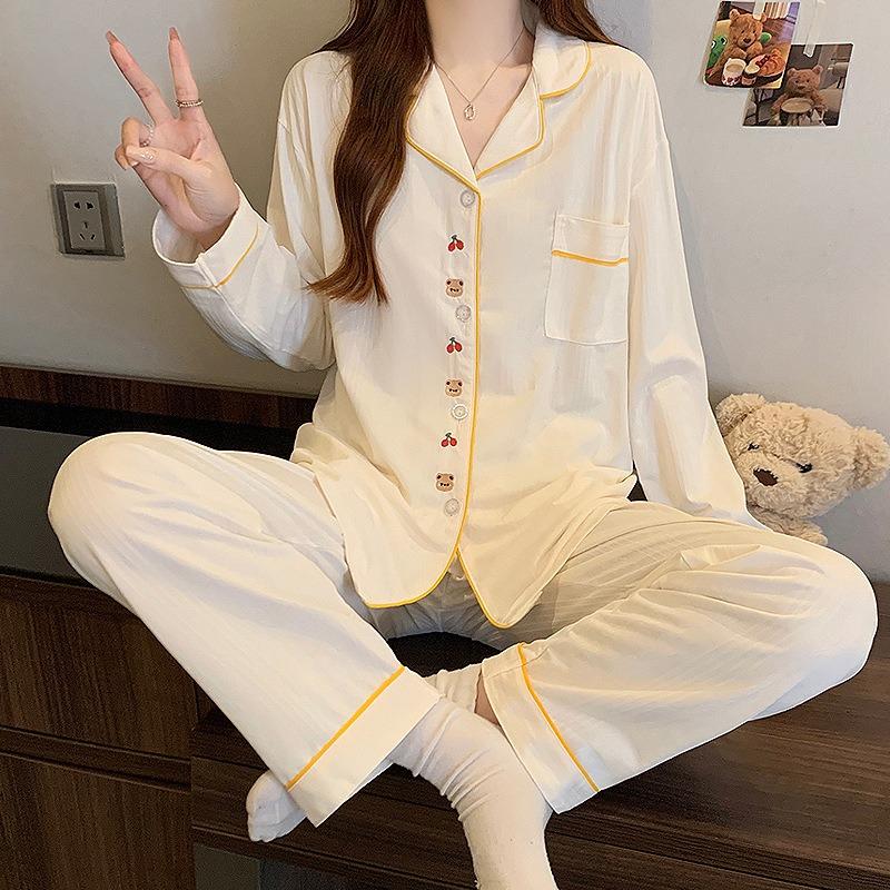 Cute Embroidered Cherry Bear Imitation Cotton Pajamas Women's Spring and Autumn Long-sleeved Trousers Milk Huhu Loungewear