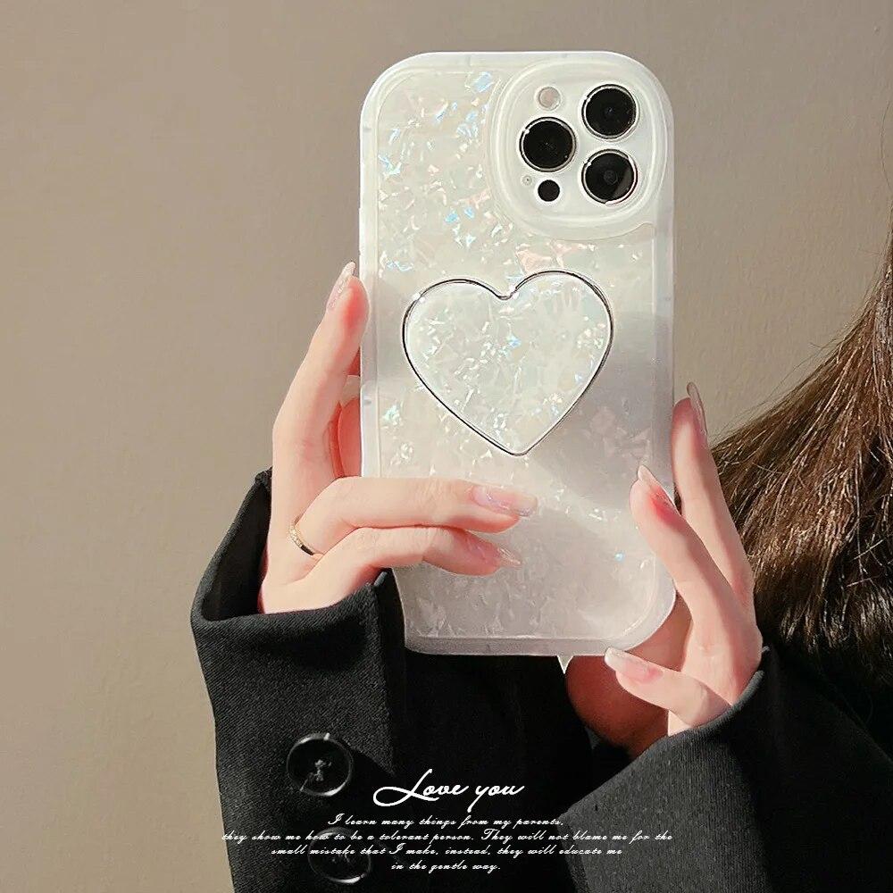 Glitter Dream Shell Pattern Love Heart Holder Case For iPhone 15 14 13 12 11 Pro Max 7 8 Plus XS X XR SE Mini Soft Bumper Cover