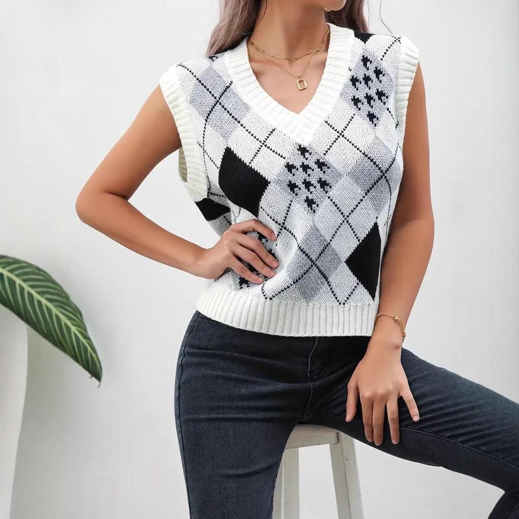 Damen Argyle Strick V-Ausschnitt Pulloverweste für Herbst/Winter