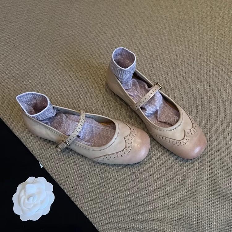 Cowhide Version~ Fashion Ballet Shoes Women's Engraved Brock Mary Jane Shoes Retro Style Flat French Small Leather Shoes