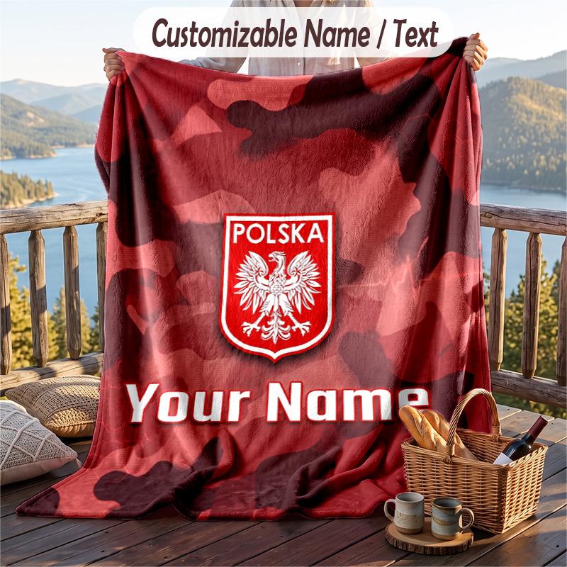 Flannel Blanket Poland Football Print Custom Name Text Soft Throw for Sofa Bed
