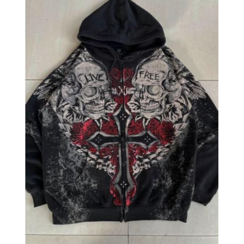 Skull 3D Print Zip-Up Hoodie Men Women Casual Hip Hop Loose Fit Sweatshirt