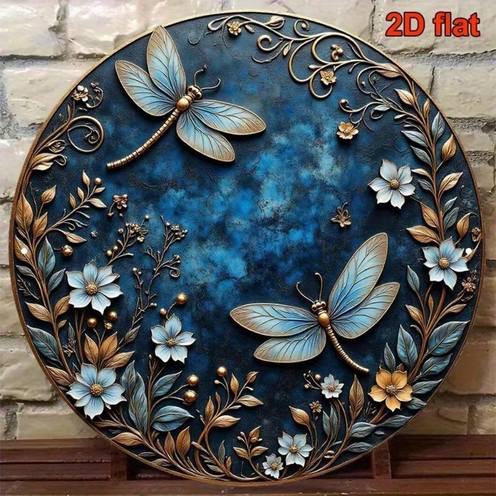 Vintage Gold Dragonfly Floral Metal Wall Art 8 Inch Retro Blue Aluminum Sign Living Room Bedroom Decor