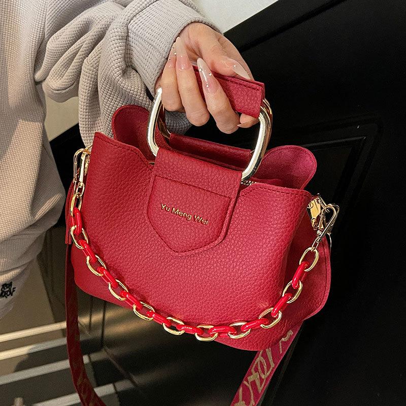 Temperament Advanced Lychee Pattern Portable Bucket Bag Niche Design Trend Versatile Single Shoulder Messenger Women's Bag