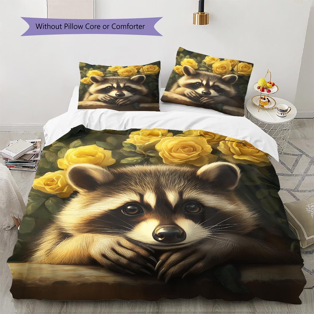 Raccoon and Fresh Flowers Pattern Bedding Home Decoration Birthday Gift (1 * Duvet Cover + 2 * Pillowcase, Without Core)