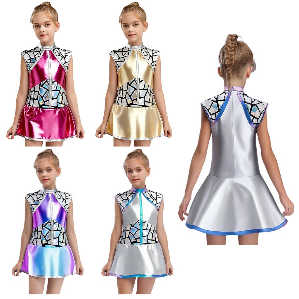 Outer Space Cutie Alien Dress Sleeveless Sequins Metallic Back Zip Costume for Girls Halloween Cosplay Anime Theme Party