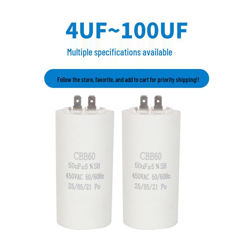 CBB60 Single-Pin Plastic Shell Capacitor for Motor Start 4UF 10UF 450V, Ideal for Washing Machine Water Pumps.