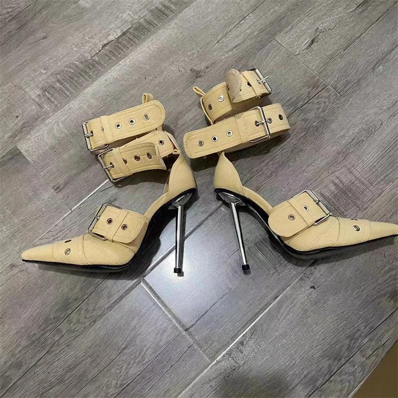 Fashion New Women Denim Metal Rivet Buckle Sandals Women Sexy Punk Style Pointed Hollow Metal 11cm High Heel Knee High Boots Size34-43