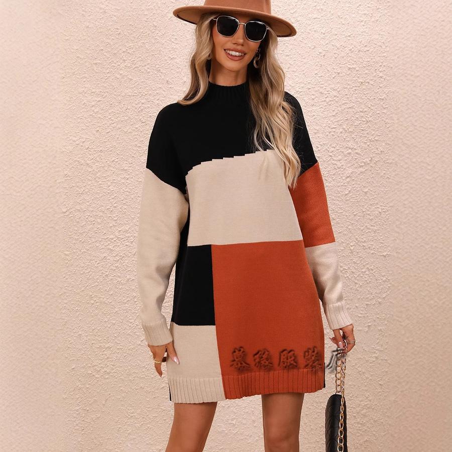 Fall Winter New Arrivals Patchwork Imported Dress Long Sleeve Knit Sweater Women