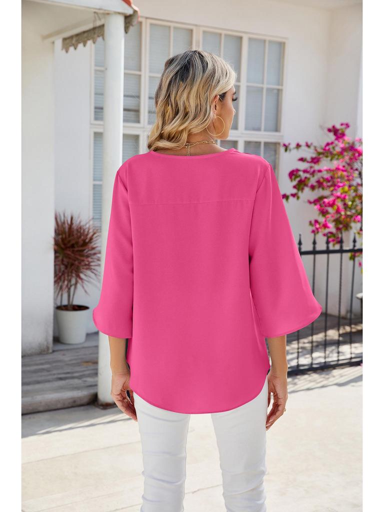 2024 Spring/Summer Solid Color V-Neck Medium Sleeve Loose Chiffon Blouse for Women