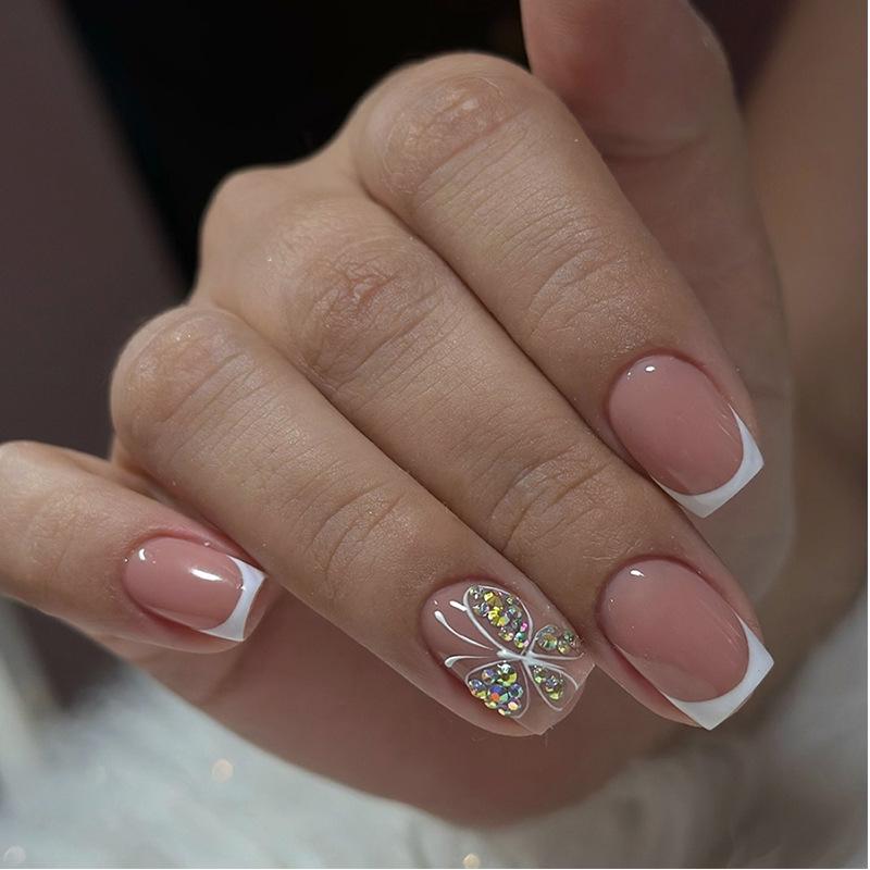 

French Minimalist Rhinestone Butterfly Short Press-On Nails for Women
