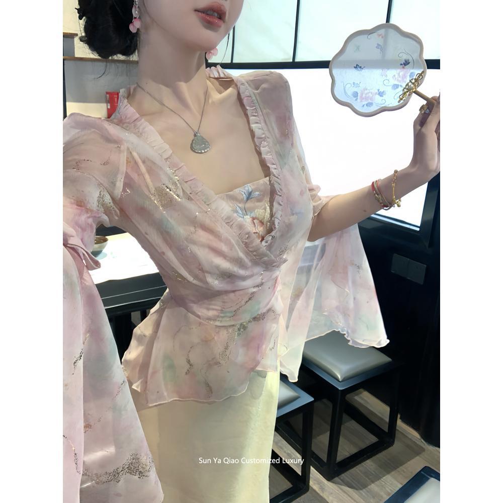 Summer double version new Chinese style jacquard embroidery suspender casual temperament high-end jumpsuit cheongsam long skirt