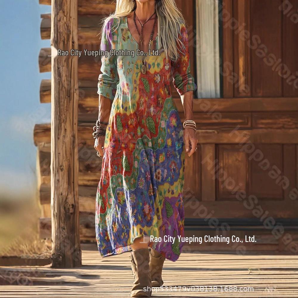 European-American Retro Floral Print Long Sleeve Dress
