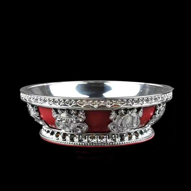 Buddhism Stainless Steel Resin Fruit Dish Auspicious Tibetan Sculpture Tribute Plate Buddhist Tray Desktop Home Gift Decorative