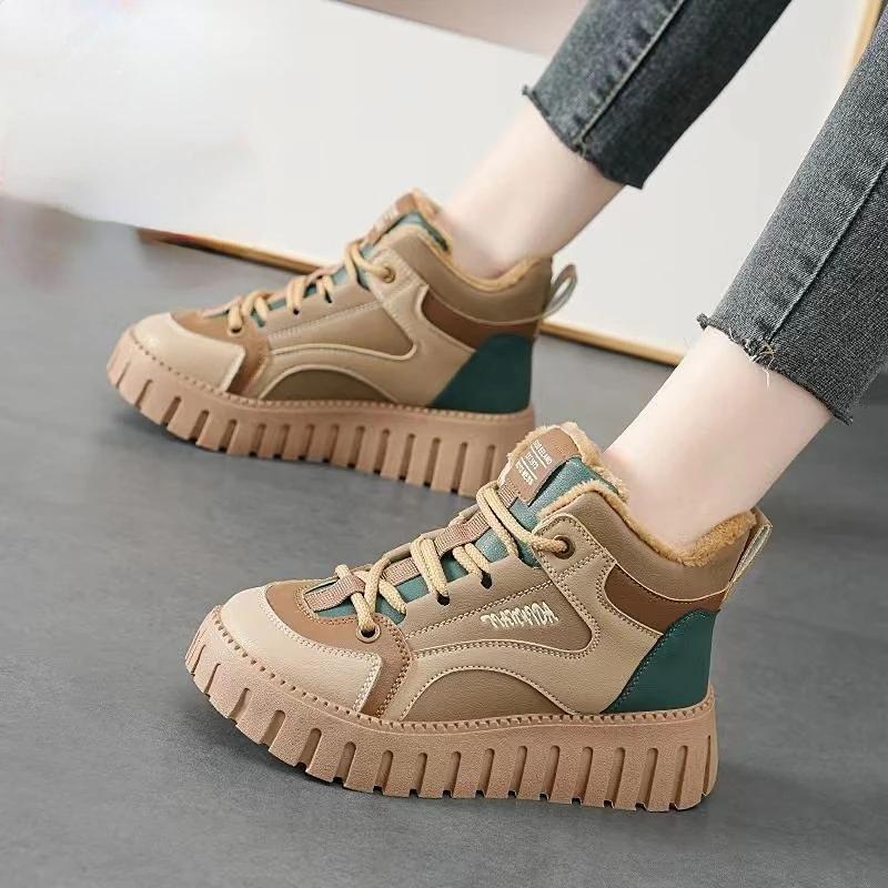 Women Winter Fashion Flat Booties Low Winter Ankle Women's Snow Boots Brown Platform Shoes for Wome