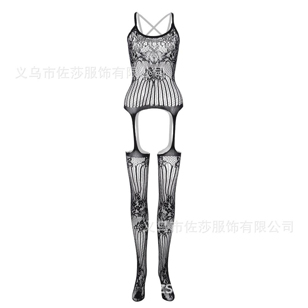 

Новые женские жаккардовые сексуальные цельные сетчатые чулки с подвязками, с открытой спиной и перекрещенными бретелями One size [simple package] чёрный