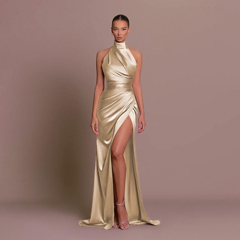 Halter Sleeveless Slit Slimming Dress Summer Stand-up Collar Dress