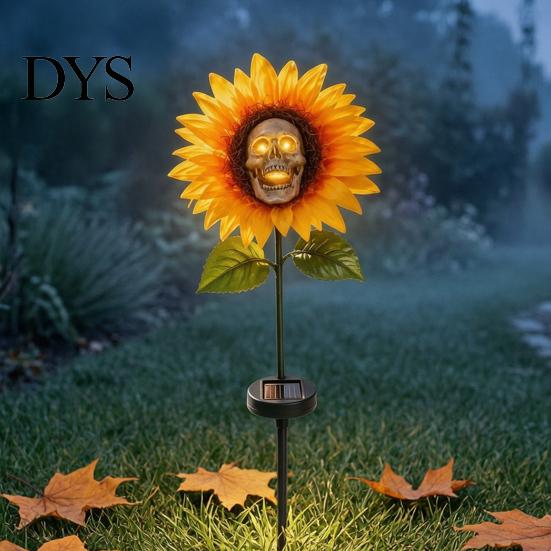 Day of The Dead Outdoor Decoration Solar Garden Stake Light, Gothic Skull And Sunflower Statue Lamp, Halloween Decor Waterproof LED Landscape