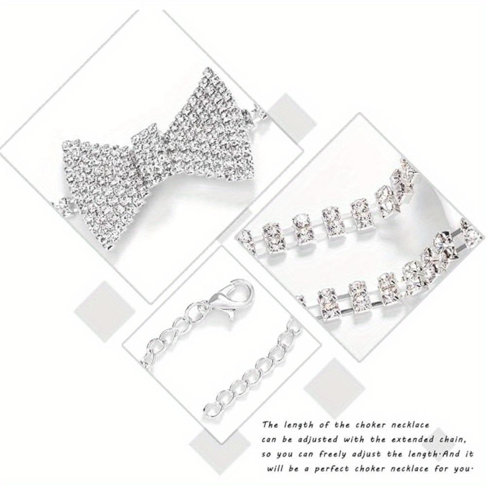 Bohemian Rhinestone Bow Necklace. Silver Crystal Party Jewelry for Women.