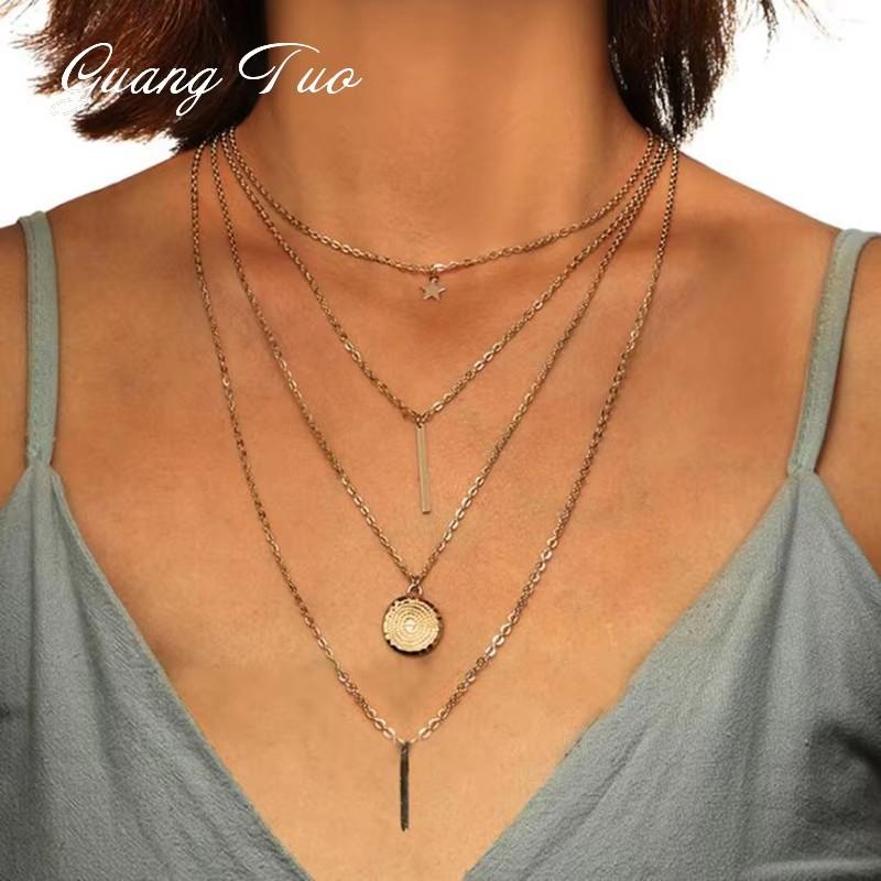 Multi-layers Necklaces for Women Personality Hollow Geometric Pendantes Necklaces Gold Cross Necklaces Punk Collar