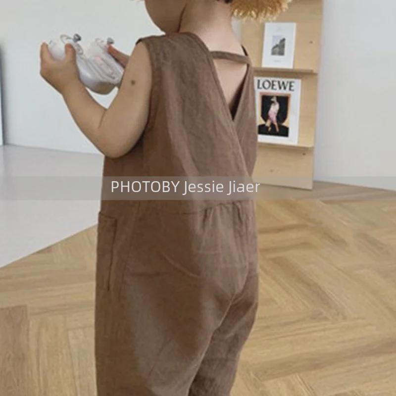 Korean-Style Kids' Trendy Summer Button Jumpsuit Casual Pants