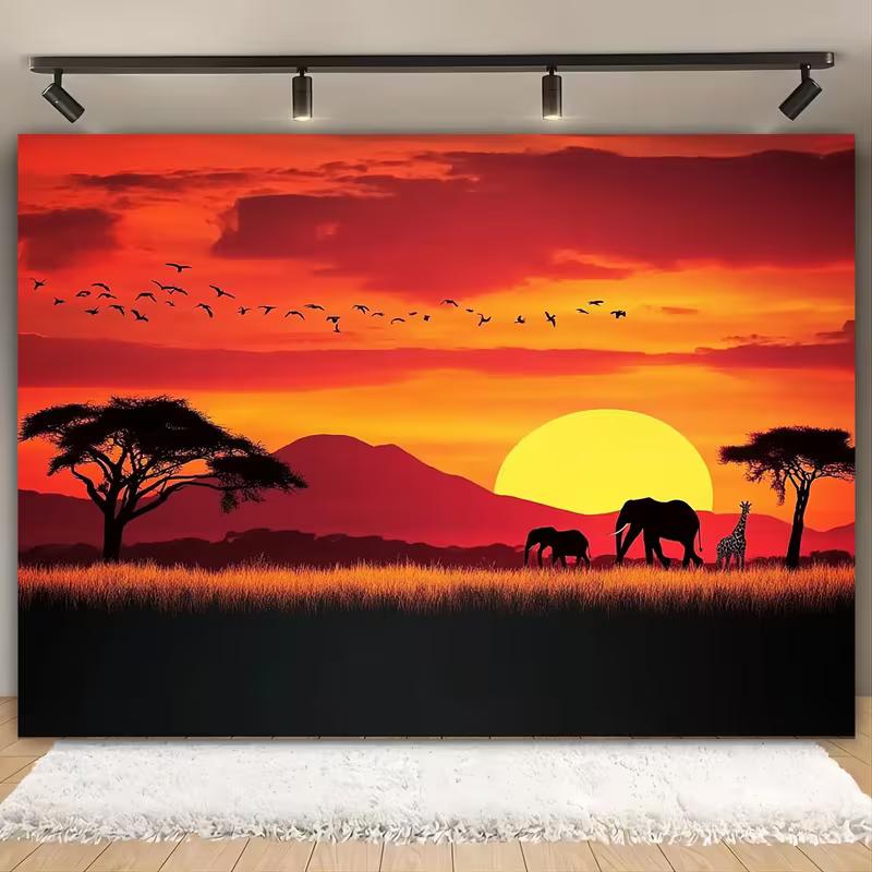 

2D African Savanna Silhouette Tapestry, Red Sky Sunset with Elephant & Giraffe Wall Art Decor 47.2x31.5inch/120*80cm
