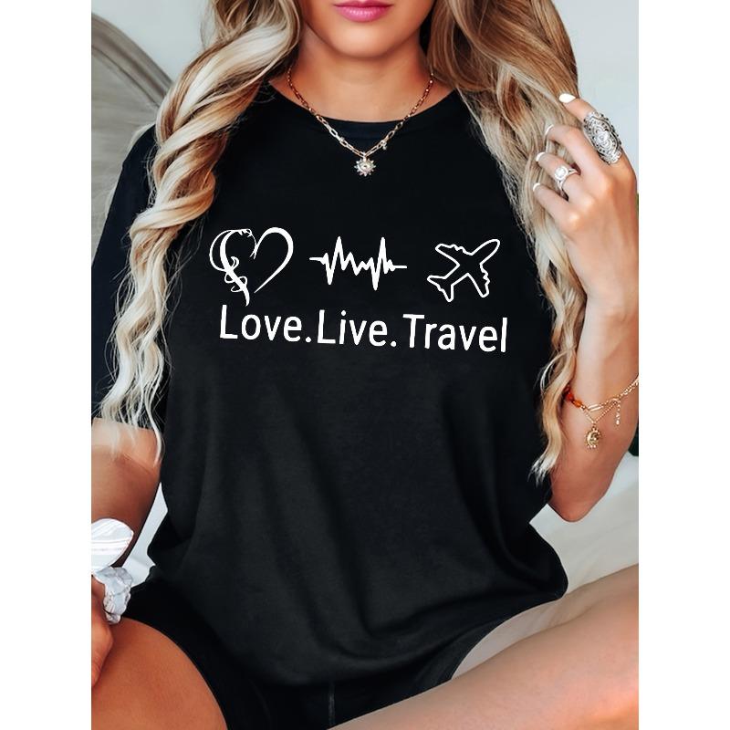 

Love Life Travel T-Shirt - High-Elastic Casual Round Neck Tee with Travel Lovers & Romantic Lettering, - Fit for Travelers M чорний