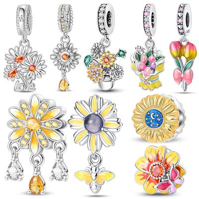 Cobre Impresionantes Amuletos Cuentas Margarita Amarilla Ojo de Gato Colgante Mariposa Ajuste Marca Original Pulsera Joyería Diy