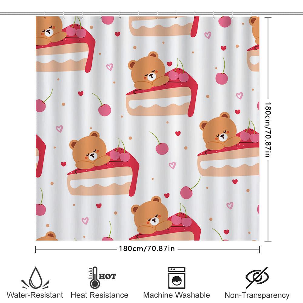 Whimsical Animal Print Shower Curtain For Bathroom Decor Pink Cake With Bear Design Set Includes Rod Rings For Home Use