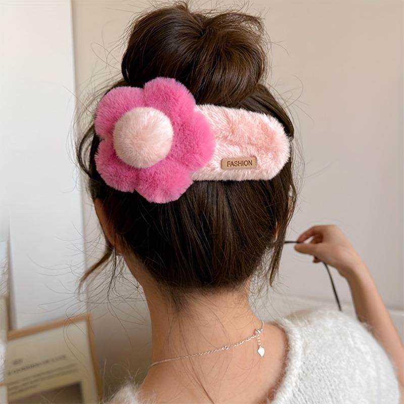 Fluffy Flower Duckbill Hair Clip, Sweet Knitted Fabric Hair Accessory for Parties