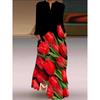 Black Red Dress V Neck Long Elegance Temperament Long Dress 3D Rose Print 2024 New Fall Women's Clothing