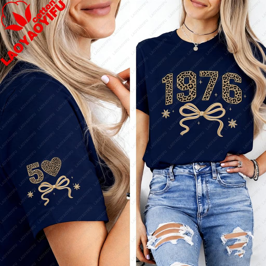 1976 Retro Leopard 50th Birthday Gift For Mothers Day Shirt Commuter Allmatch Regular Short Sleeve Printed Tshirt Tops