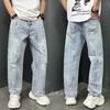 Summer thin American ink splashing ripped jeans men's new straight trendy brand ruffian handsome versatile scimitar pants
