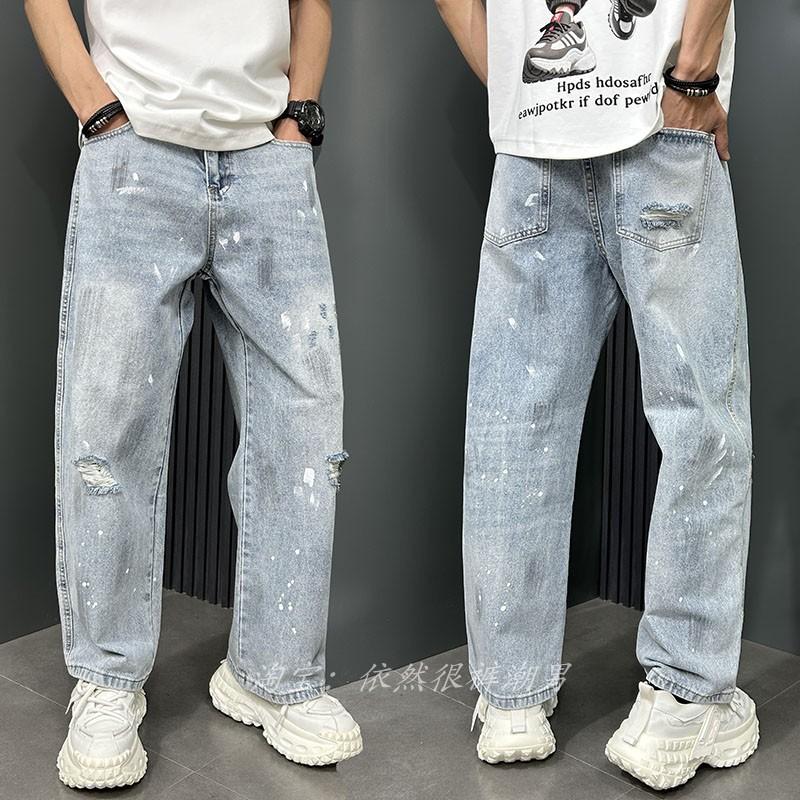 Summer thin American ink splashing ripped jeans men's new straight trendy brand ruffian handsome versatile scimitar pants