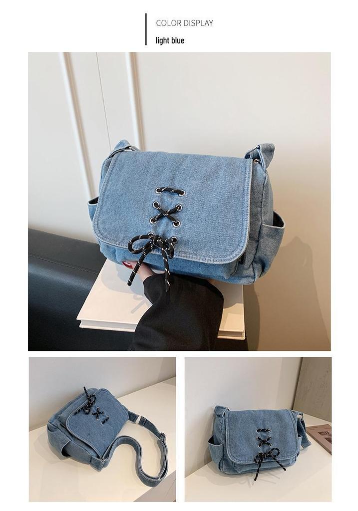Korean Style Denim One-Shoulder Bag with Drawstring, Large Capacity Crossbody for School and Travel