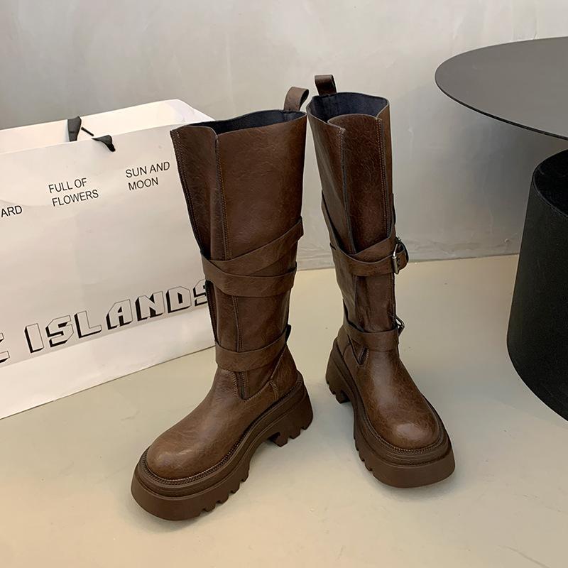 But knee boots 2025 new women's boots spring and autumn models temperament super fire retro lightweight belt buckle boots