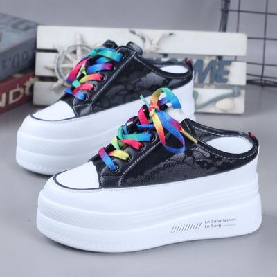 Mode Été Gaze Respirante Petites Chaussures Blanches Tête Enveloppée Demi-Pantoufle Femme Semelle Épaisse Intérieur Augmentation 10CM Chaussures Paresseuses Sans Talon