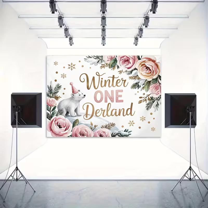 Winter Onederland Tapestry, Polar Bear Floral Background Cloth, 1st Birthday Decor