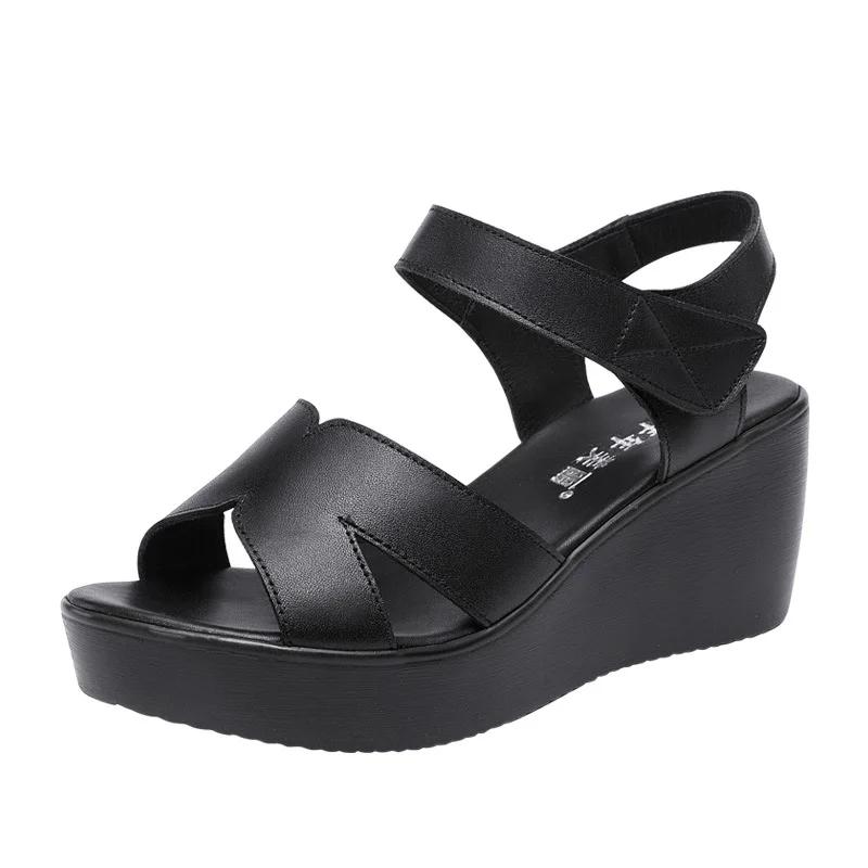 Small Plus Size 33-43 Soft Leather Shoes Women Med Heels Wedges Sandals 2025 Summer Thick Platform Sandals Office Beach Mom