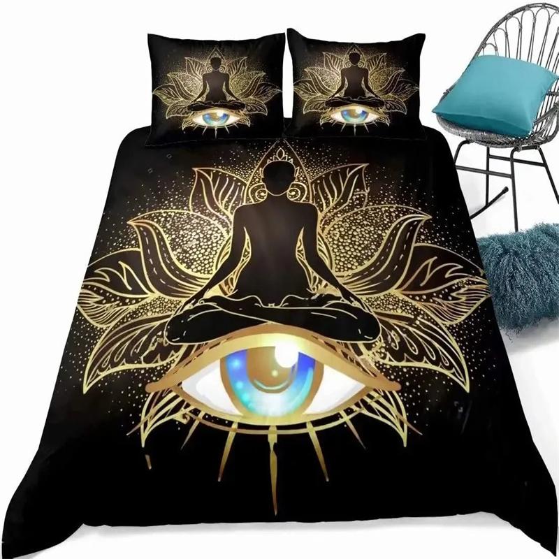 Mandala Buddha Duvet Cover CollectionBohemian Bedding Collection Golden Black Lotus Flowers Print Luxury Microfiber Polyester Comforter Cover