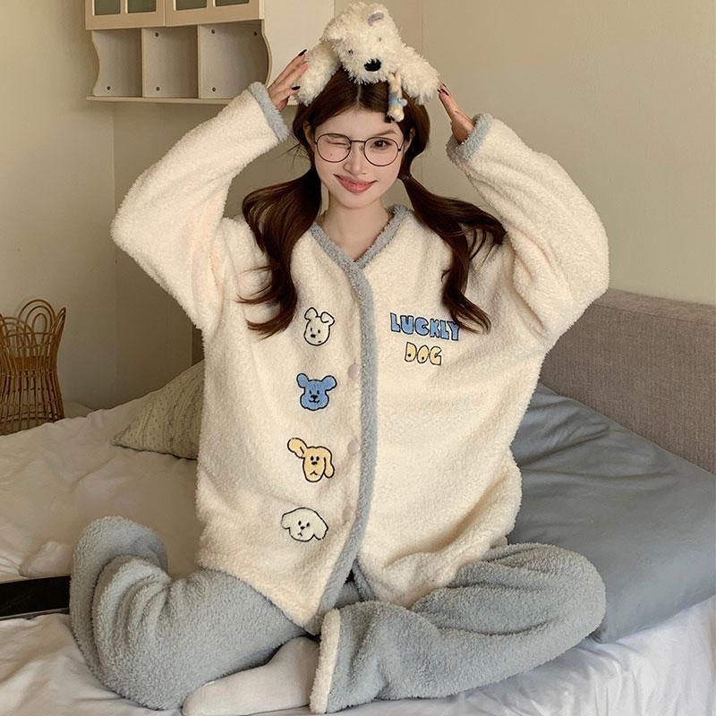 Ladies Pyjama Women Winter Flannel Pajama Set Fleece Pajamas Sleepwear Thick Warm Velvet Female Homewear Suit Cute Sweet Pijama