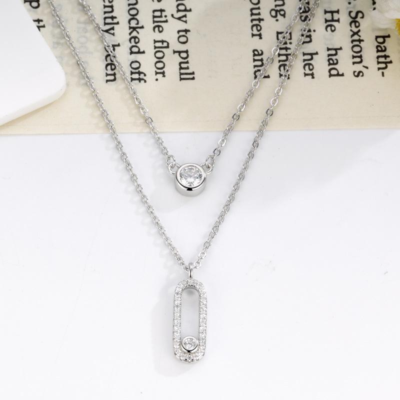 S925 Sterling Silver Brooch Pendant Necklace with Zircon Beads and Double Layer Cross Chain