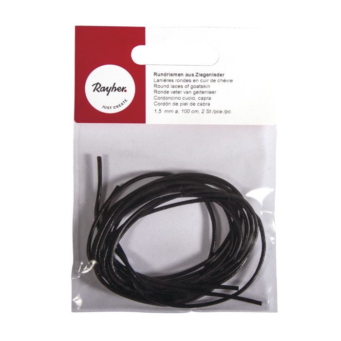 Lanières rondes en cuir de chèvre 1,5mmø, noir, 100 cm, 2 pièces