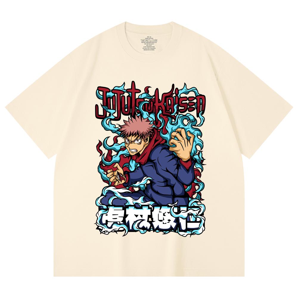 

230 Gsm 100% Cotton Jujutsu Kaisen V50 Yuji Print Unisex Heavy Cotton T Shirt XS абрикосовый