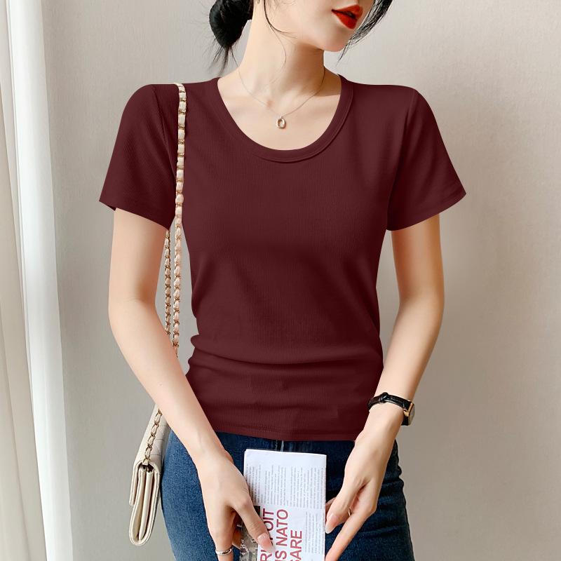 

2026 Summer Women s Ribbed Slim Fit Short Sleeve T-shirt - Versatile & Stylish Plus Size Top 3XL (140-155 lbs) малиновий