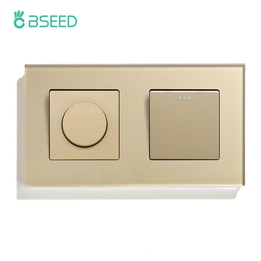 BSEED Mechanical Dimmer Fan Switch With 1/2/3Gang Wall Light Switches EU Socket USB Type-c Power Ports  2.1A Glass Panel