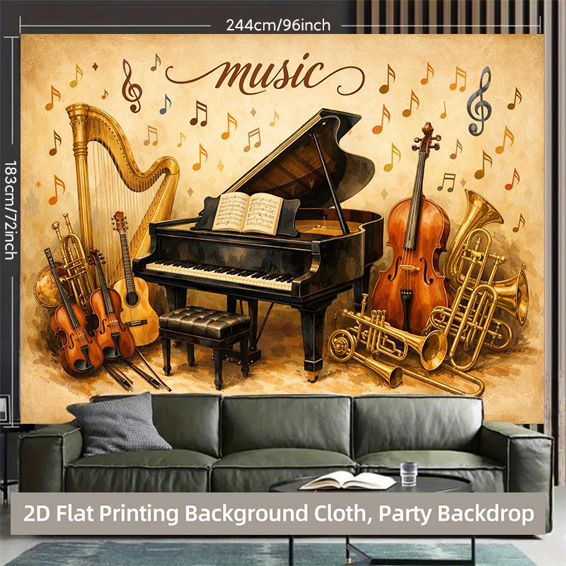 2D, 1 Piece. Collection of Musical Instruments Showcases the Beauty of Music. Polyester Fabric Background Cloth, Party Banner.