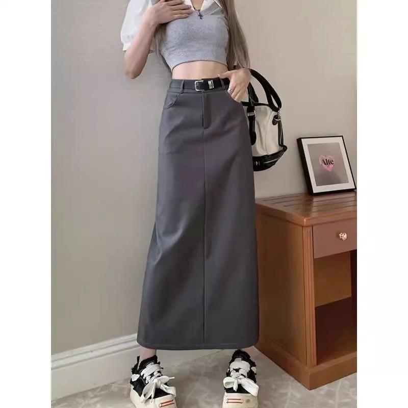 Women's Gray High Waist Straight Leg Midi Skirt with Slit - Slimming Summer A-Line Design.